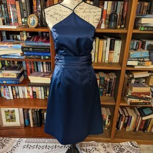 NICOLE Miller New York royal blue satin a line knee length bow back halter dress